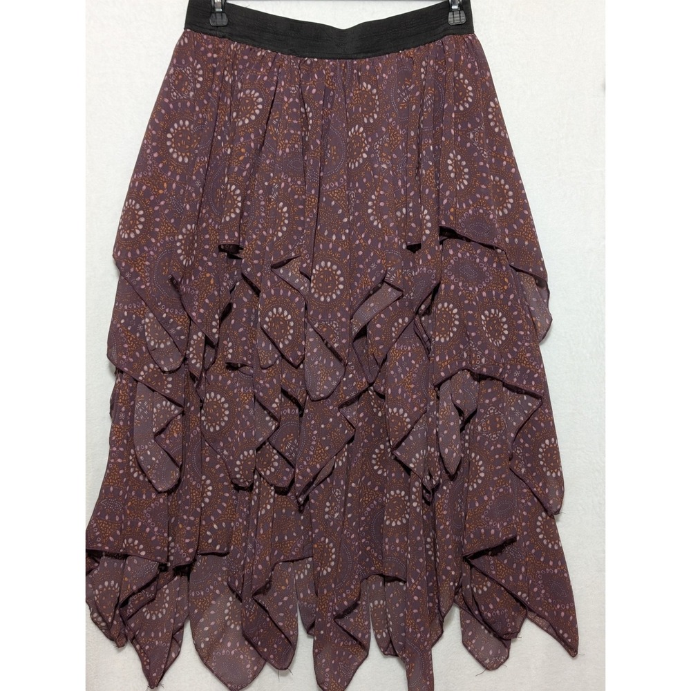 Medallion Print Tiered Ruffle Handkerchief Hem Midi Skirt Plum L